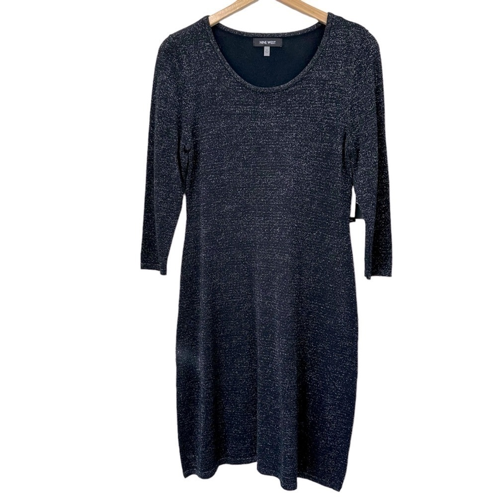 Nine West Black Silver Metallic Long Sleeve Knit Dress, Medium